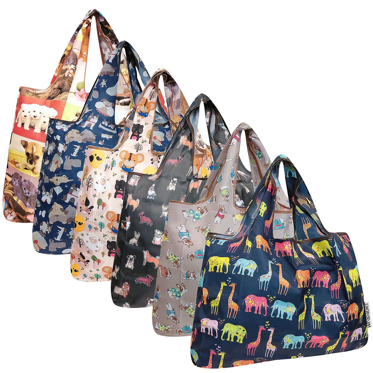Wrapables Large Foldable Tote Nylon Reusable Grocery Bags, 6 Pack, Precious Pets